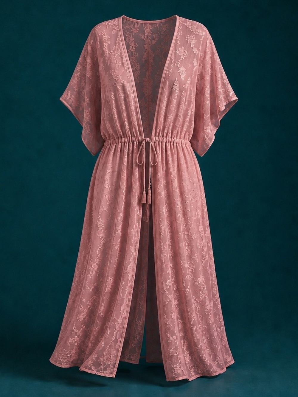 Time & Tru Dark Rose Sheer Lace Maxi Swim CoverUp Kimono Duster Dress Large 5057